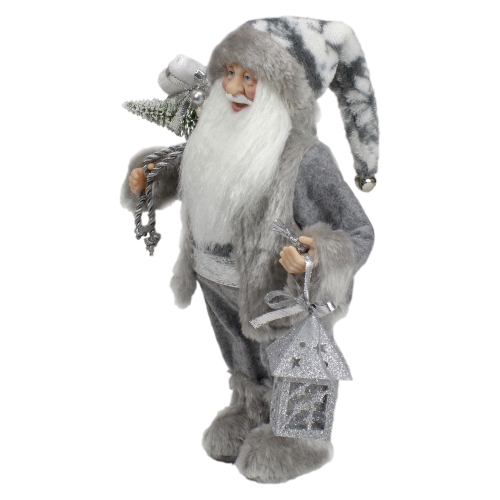 12" Gray and White Standing Santa Claus Christmas Figurine with Bag and Lantern
