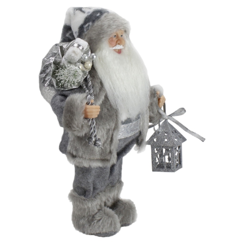 12" Gray and White Standing Santa Claus Christmas Figurine with Bag and Lantern