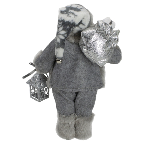 12" Gray and White Standing Santa Claus Christmas Figurine with Bag and Lantern
