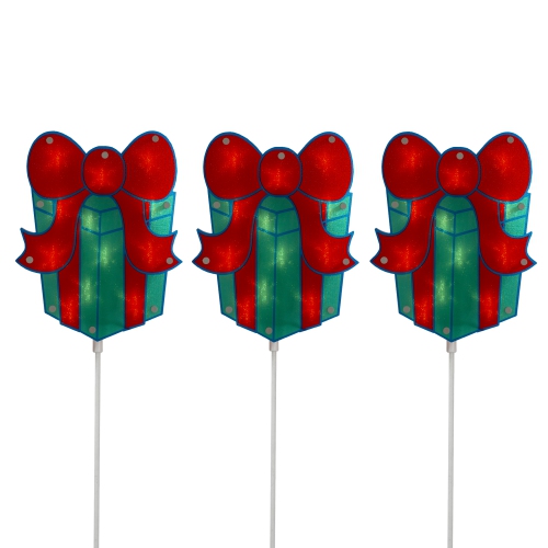 Set of 3 Lighted Holographic Christmas Gift Box Pathway Markers 4.75'