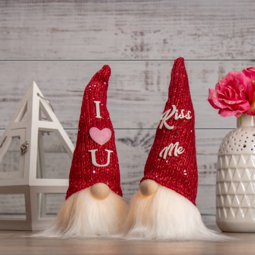 11.5" Lighted Red Knit 'Kiss Me' Hat Valentine's Day Gnome