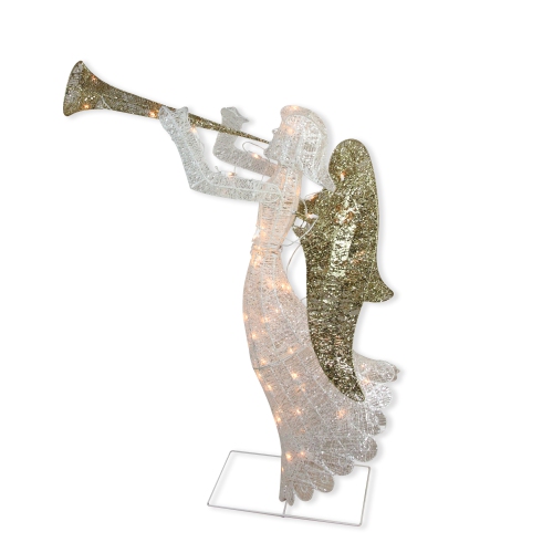 NORTHLIGHT  48" Lighted Glittered Silver And Trumpeting Angel Christmas Outdoor Decoration In Gold