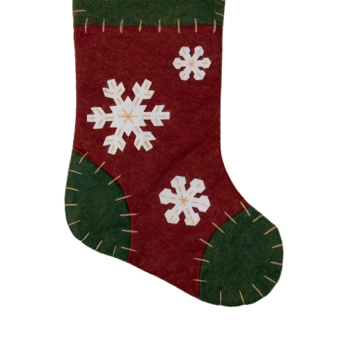 20" Green and Red Snowflake Applique Christmas Stocking with Blanket Stitching
