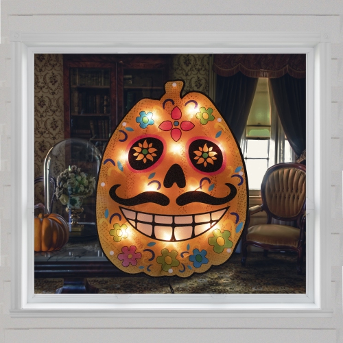 15" Lighted Sugar Skull Pumpkin Halloween Window Silhouette