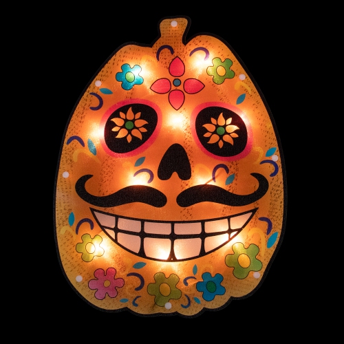 15" Lighted Sugar Skull Pumpkin Halloween Window Silhouette