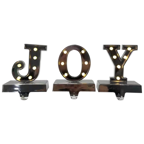Set of 3 Silver LED Lighted "JOY" Christmas Stocking Holder 6.5"