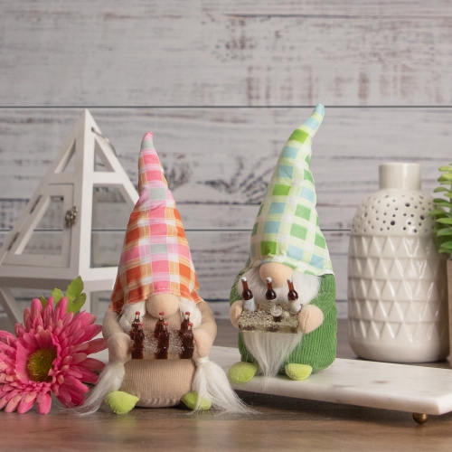 9" Pink and Orange Plaid Springtime Gnome