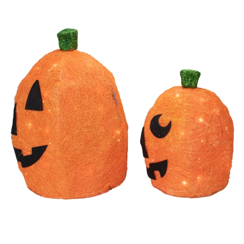 Set of 2 Orange Lighted Sisal Pumpkins Outdoor Halloween Decorations
