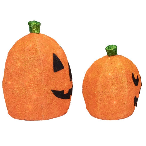 Set of 2 Orange Lighted Sisal Pumpkins Outdoor Halloween Decorations