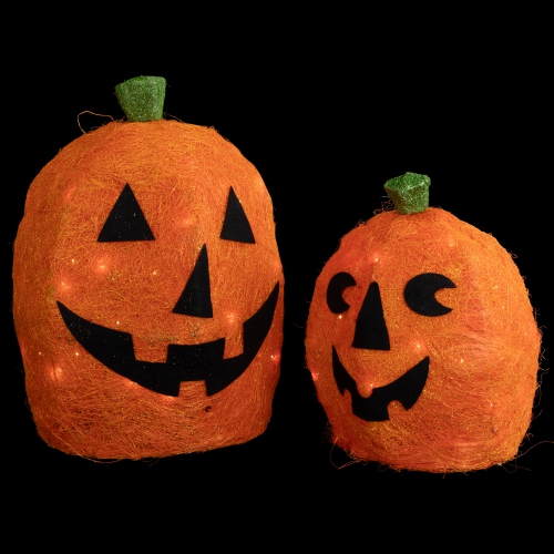 Set of 2 Orange Lighted Sisal Pumpkins Outdoor Halloween Decorations