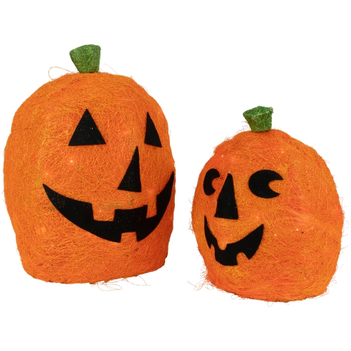 Set of 2 Orange Lighted Sisal Pumpkins Outdoor Halloween Decorations