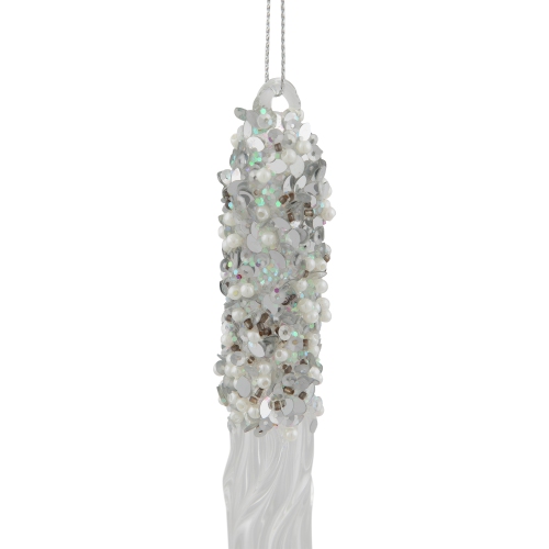 9" Clear Glass Sequined and Beaded Icicle Christmas Ornament