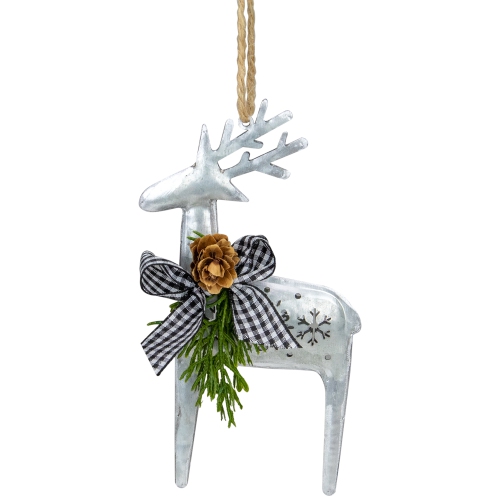 6.25" Silver Metal Reindeer Christmas Ornament with a Black Gingham Bowtie and Pine