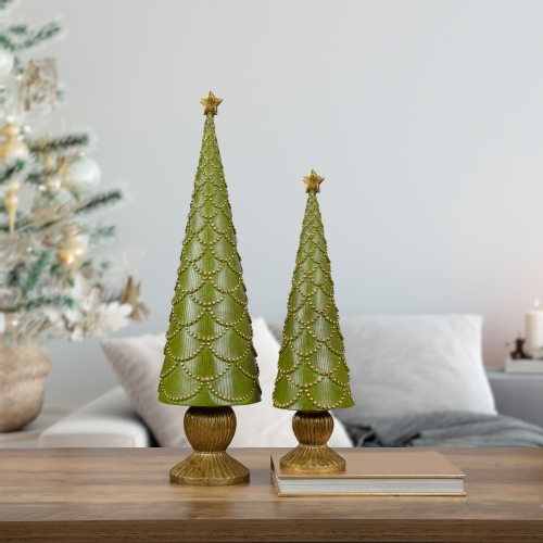 23" Green Christmas Tree Cone on Pedestal with Star Topper Tabletop Decor