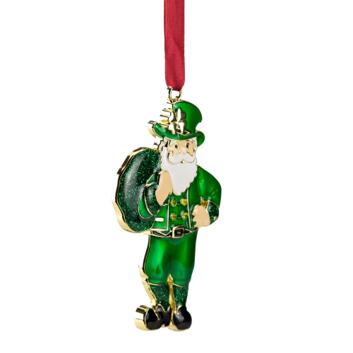 3.5" Green and Brass-Plated Irish Santa Claus Christmas Ornament