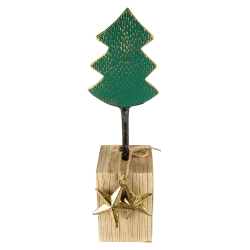 16.75" Green Metal Tree in Chunky Wood Base Christmas Decor