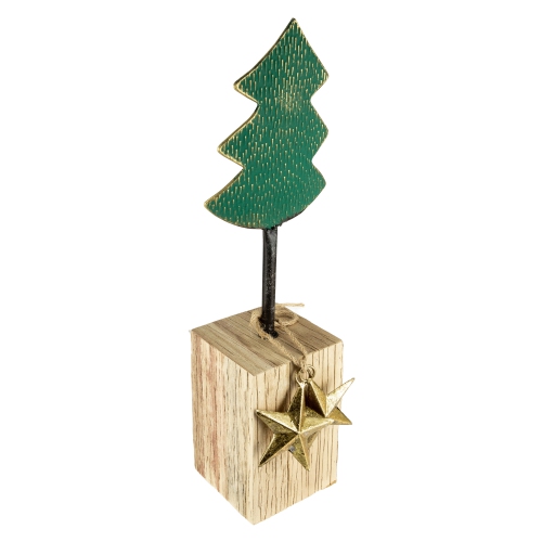 16.75" Green Metal Tree in Chunky Wood Base Christmas Decor