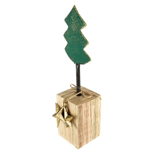 16.75" Green Metal Tree in Chunky Wood Base Christmas Decor