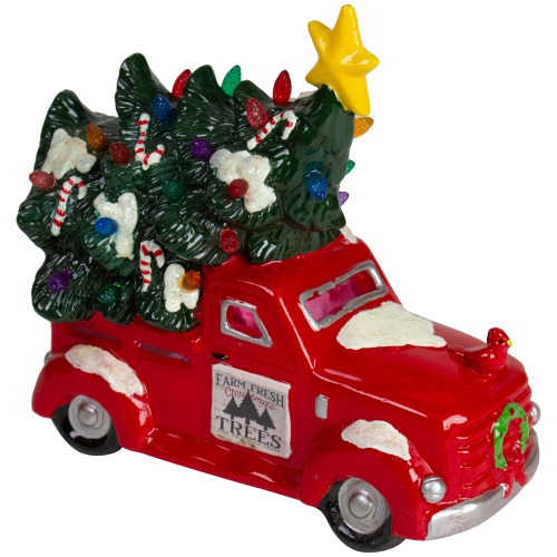 NORTHLIGHT  8" Led Lighted Vintage Truck Hauling Christmas Tree In Red