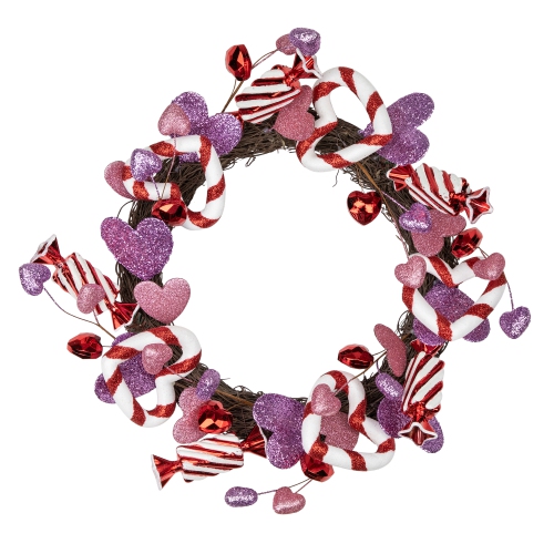 Pink and Purple Candies and Hearts Valentine's Day Wreath, 16-Inch, Unlit