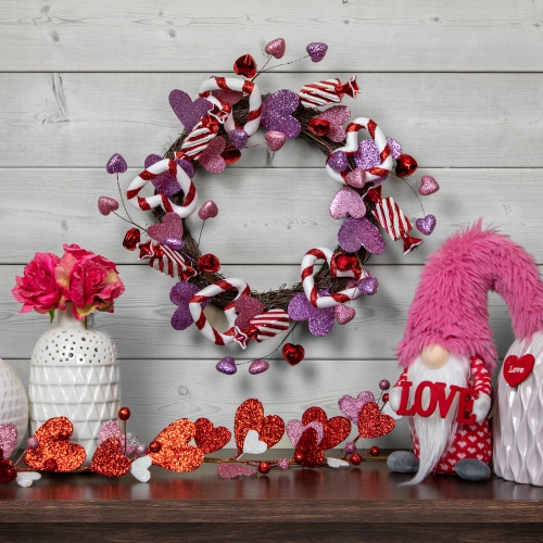 Pink and Purple Candies and Hearts Valentine's Day Wreath, 16-Inch, Unlit