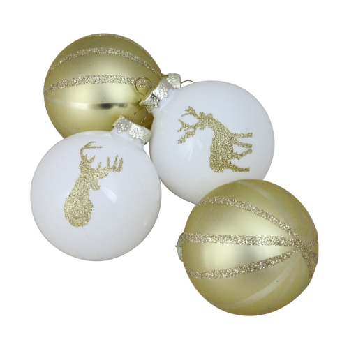 NORTHLIGHT  4-Piece Champagne Gold And Striped Deer Christmas Glass Ball Ornaments 3.5" (90Mm) In White