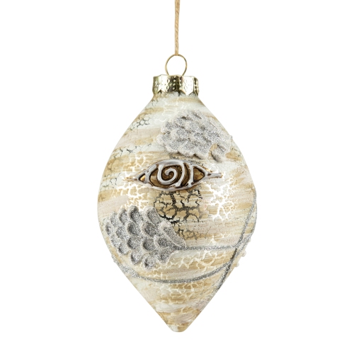 NORTHLIGHT  5" Birch Wood And Glitter Pine Cones Glass Finial Christmas Ornament