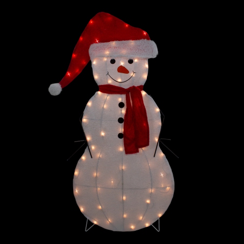 42" Lighted 2D Chenille Snowman in Santa Hat Outdoor Christmas Decoration