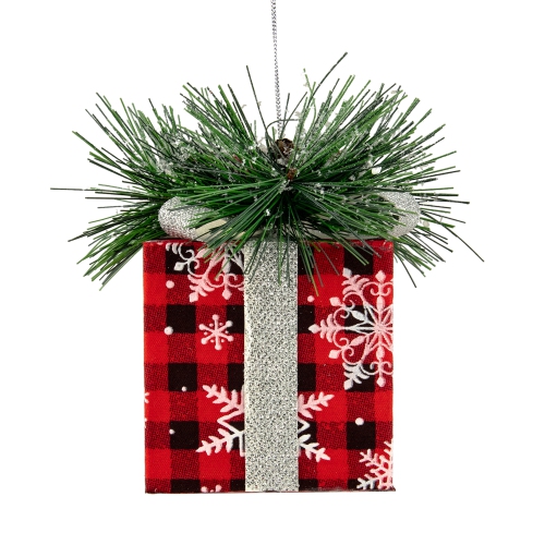 6" Black and Red Buffalo Plaid Gift Box Christmas Ornament