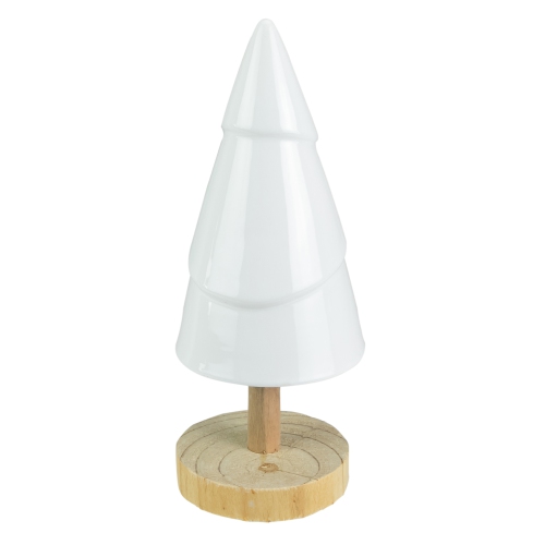 10.5" White Ceramic Tree with Wood Base Christmas Decoration