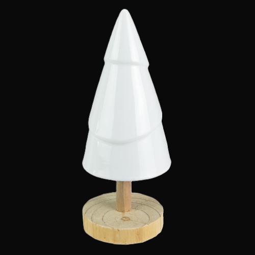 10.5" White Ceramic Tree with Wood Base Christmas Decoration
