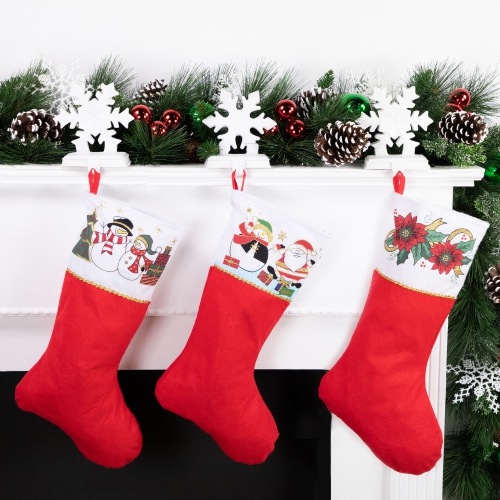 19" Traditional Red and White Cuff Christmas Stocking with Santa, Snowman