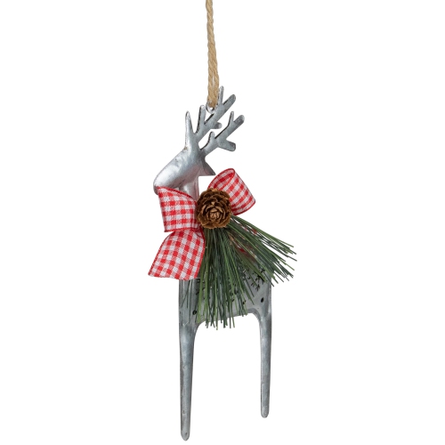 6.25" Silver Metal Reindeer Christmas Ornament with a Red Gingham Bowtie and Pine