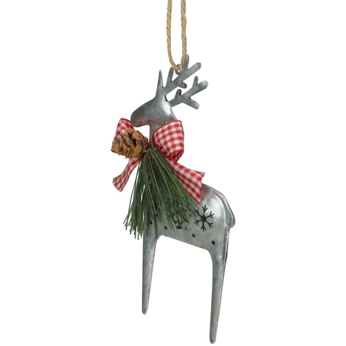 6.25" Silver Metal Reindeer Christmas Ornament with a Red Gingham Bowtie and Pine