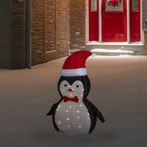28" LED Lighted Tinsel Penguin in Santa Hat Outdoor Christmas Decoration