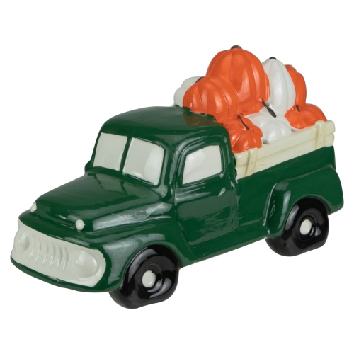 9.5" LED Lighted Green Ceramic Truck Hauling Pumpkins Autumn Harvest Decoration