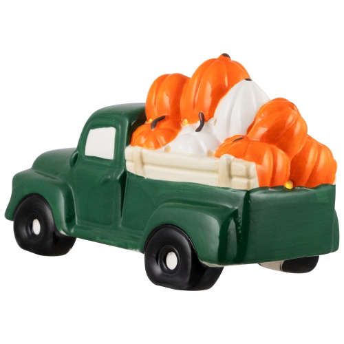 9.5" LED Lighted Green Ceramic Truck Hauling Pumpkins Autumn Harvest Decoration