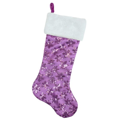 NORTHLIGHT  19" Purple Sequin Snowflake Christmas Stocking With Faux Fur Cuff In White