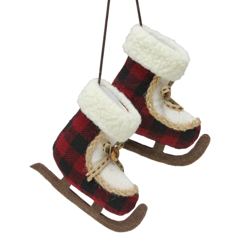 4" Red and White Plush Plaid Ice Skates Christmas Ornament