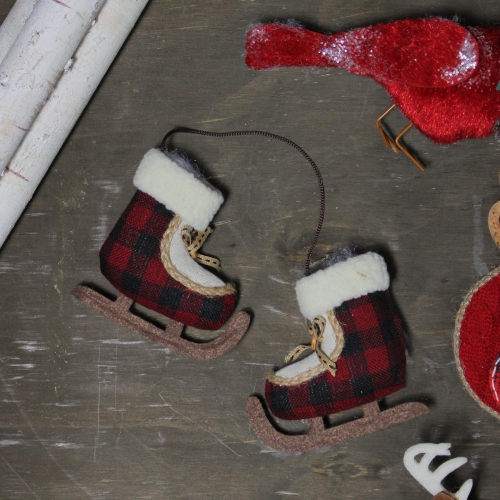 4" Red and White Plush Plaid Ice Skates Christmas Ornament