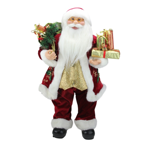 NORTHLIGHT  24" Traditional Holly Berry Standing Santa Claus Christmas Figure With Presents And Gift Bag