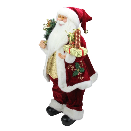 24" Traditional Holly Berry Standing Santa Claus Christmas Figure with Presents and Gift Bag