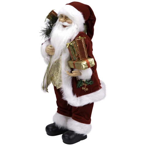24" Traditional Holly Berry Standing Santa Claus Christmas Figure with Presents and Gift Bag