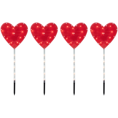 NORTHLIGHT  4Ct Heart Valentine's Day Pathway Marker Lawn Stakes, Clear Lights In Red