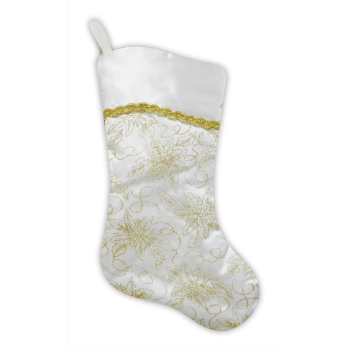 20.5" White and Gold Glitter Poinsettia Christmas Stocking