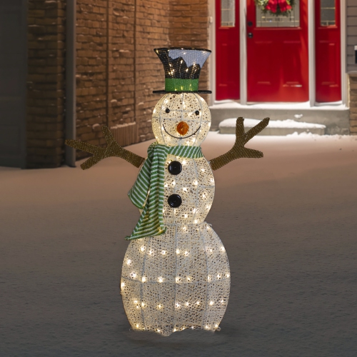 43" LED Lighted Snowman with Top Hat and Green Scarf Outdoor Christmas Decoration