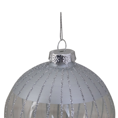 Clear and Silver Glitter Striped Glass Ball Christmas Ornament 4"