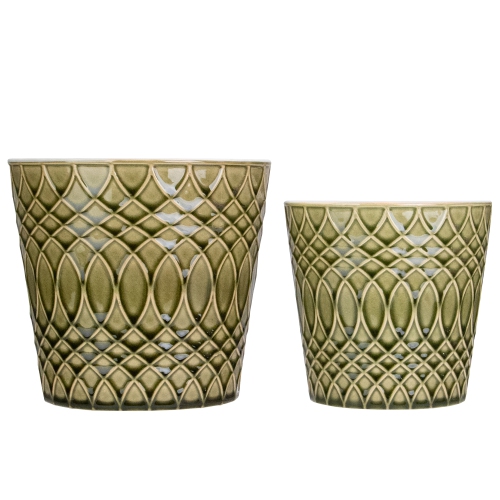 Set of 2 Green Geometric Patterned Planters 6.5"