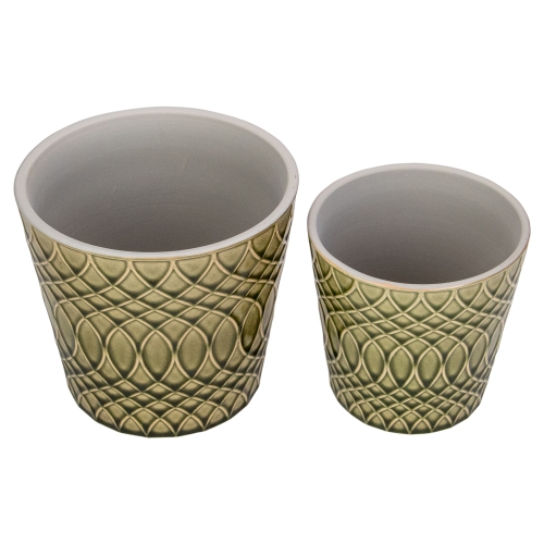 Set of 2 Green Geometric Patterned Planters 6.5"