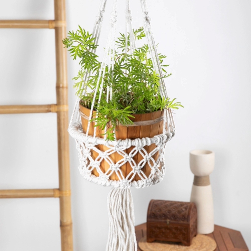 43" White Lattice Macrame Hanging Planter Holder